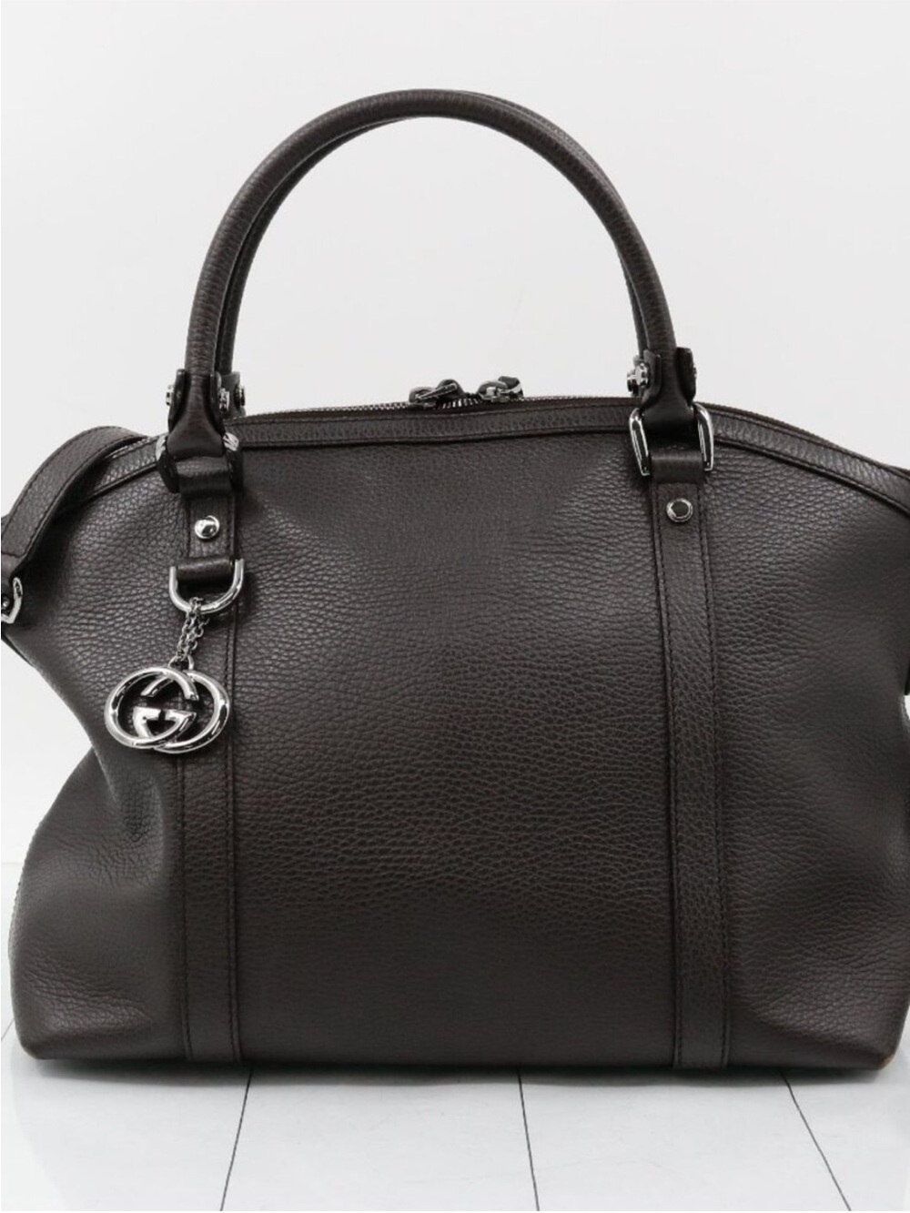 Gucci Brown Pebbled Leather Satchel with Silver Charm